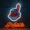Cleveland Indians neon logo and 'Indians' text sign on display stand