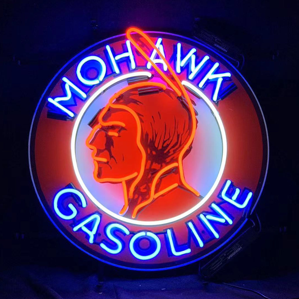 Circular neon sign light with face profile and curved blue text around a glowing rim