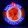 Circular neon sign light with face profile and curved blue text around a glowing rim