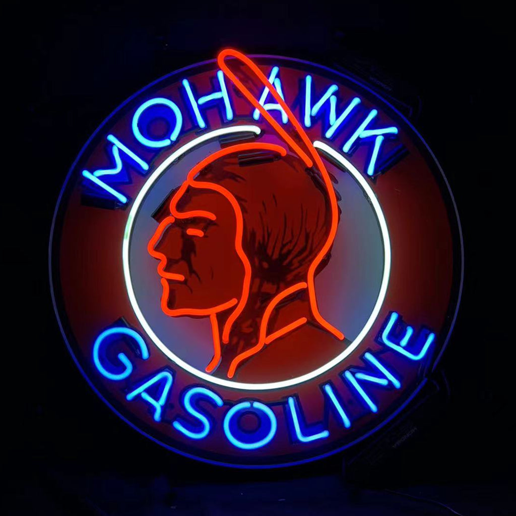 Circular neon sign light with red/orange face portrait, blue curved text, and glowing ring