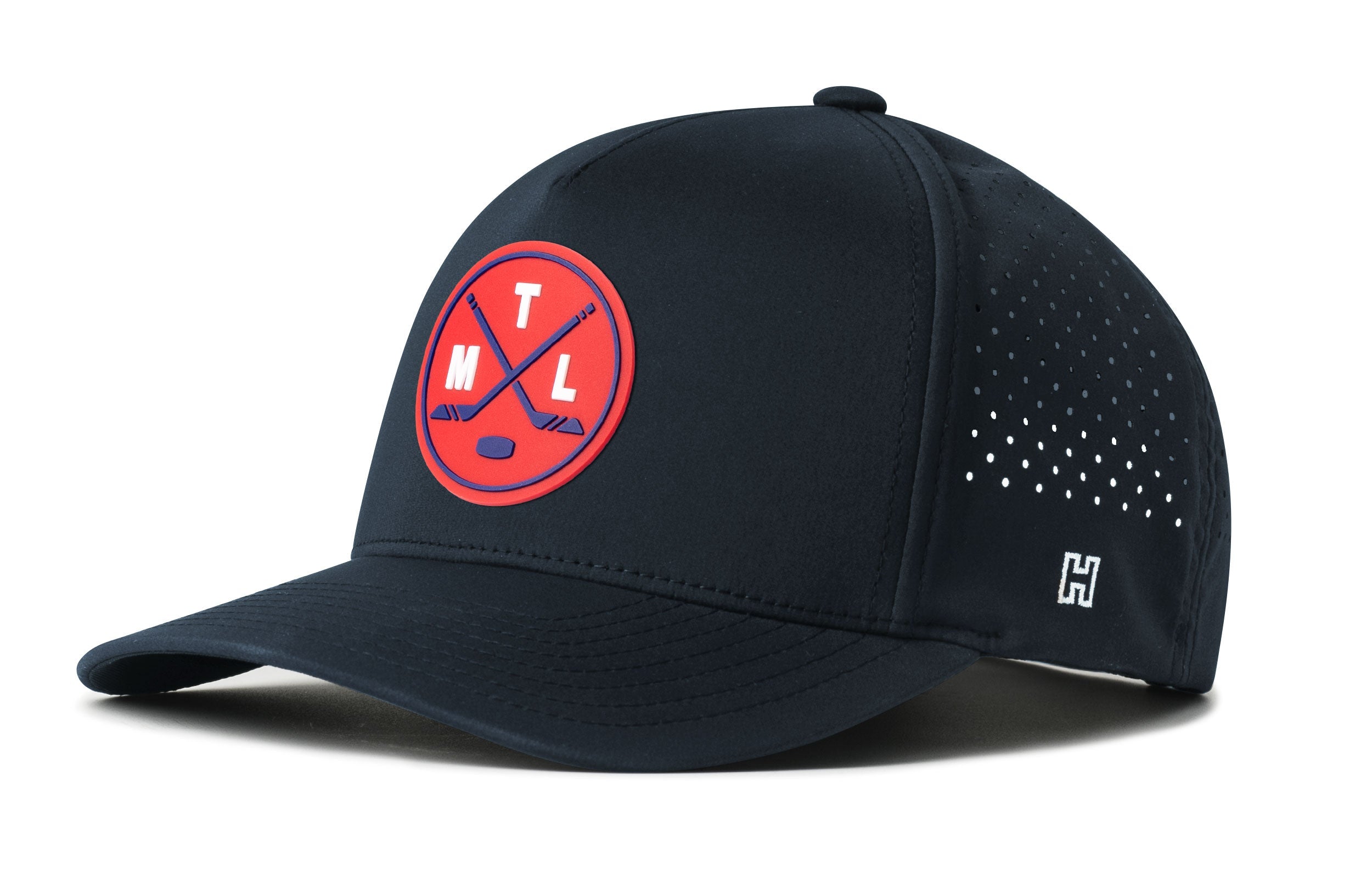 Navy 5-panel baseball cap with circular front logo patch and perforated side panel