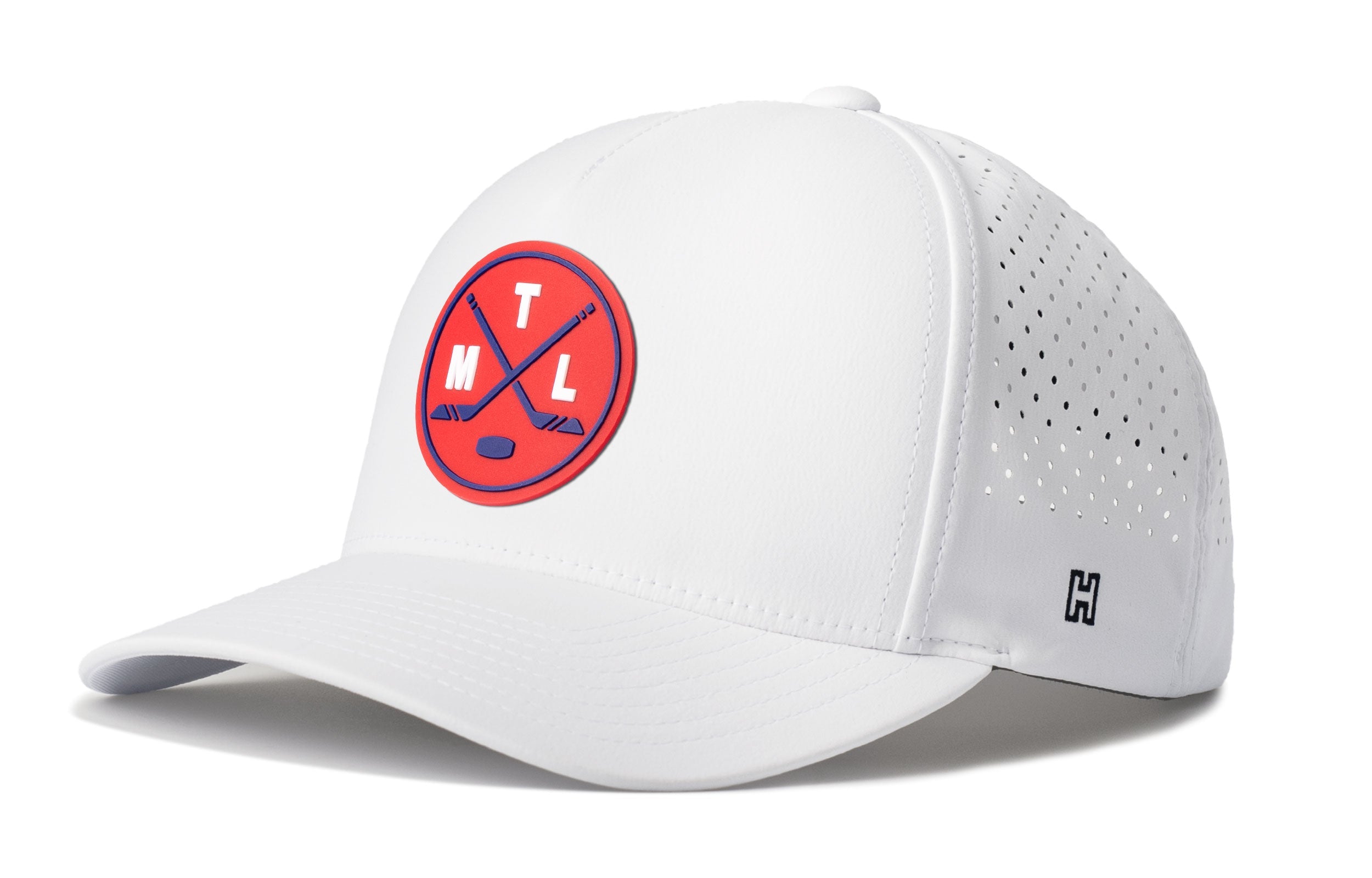 White 5-panel baseball cap with circular front logo patch and perforated side panel