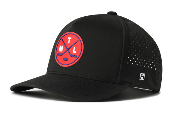 Black 5-panel baseball cap with circular front logo patch and perforated side panel
