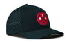 Navy 5-panel baseball cap, angled view, with circular logo patch and perforated side