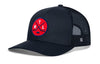 Navy trucker hat with black mesh sides, curved brim, and red circular crest patch on front