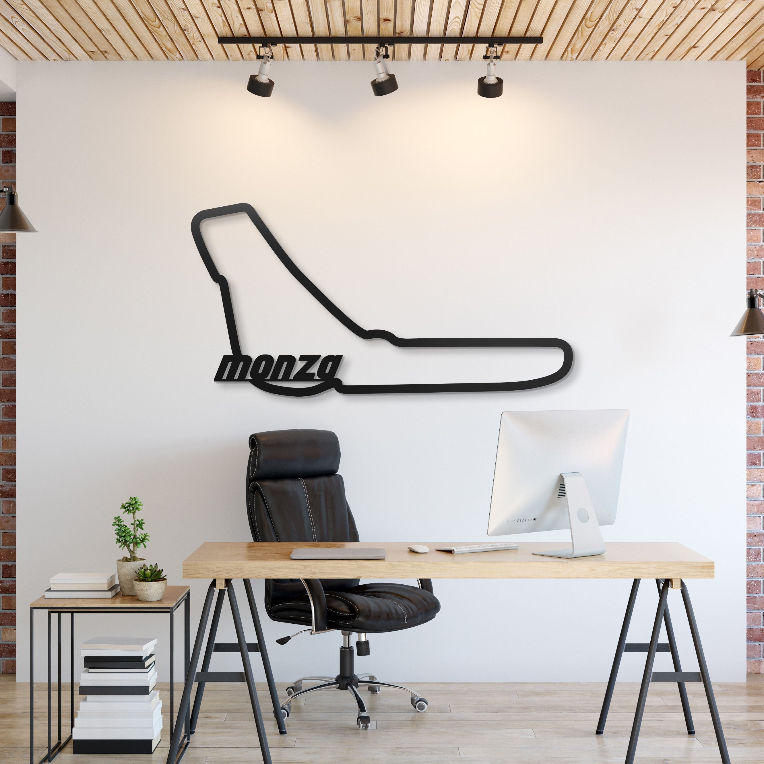 Metal circuit wall art with track line and Monza-style logo, mounted on wall