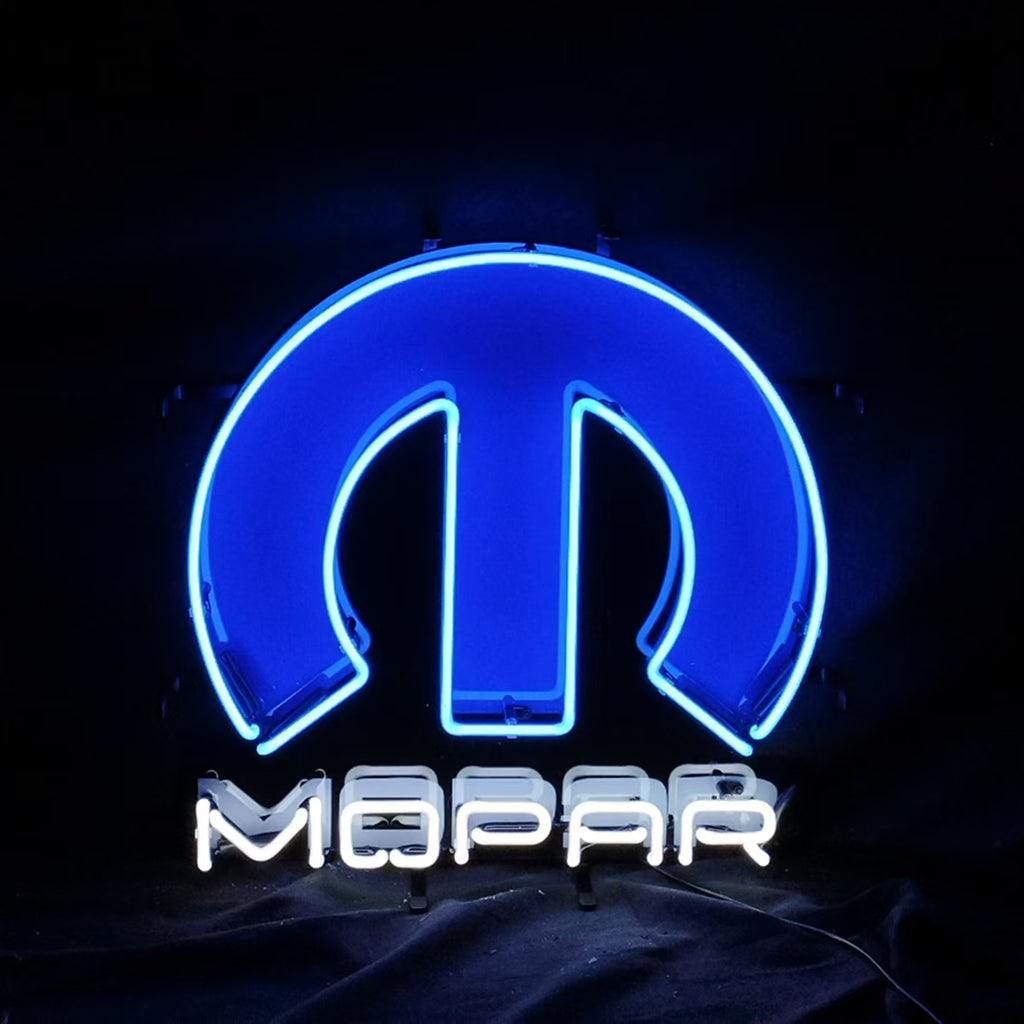 Mopar circular neon sign light with blue glow and Mopar wordmark