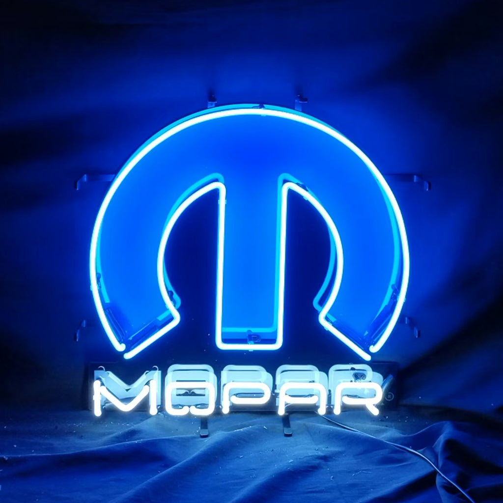 Mopar circular neon sign light with blue glow and Mopar logo