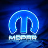 Mopar circular neon sign light with blue glow and Mopar logo