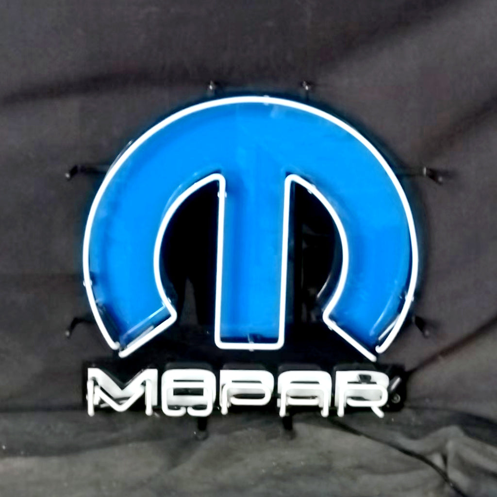 Mopar circular neon sign light with blue glow and attached mounting clips