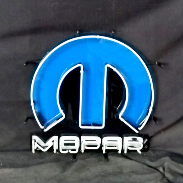 Mopar circular neon sign light with blue glow and attached mounting clips