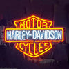 Neon sign light with orange shield design and HARLEY-DAVIDSON text, CYCLES below