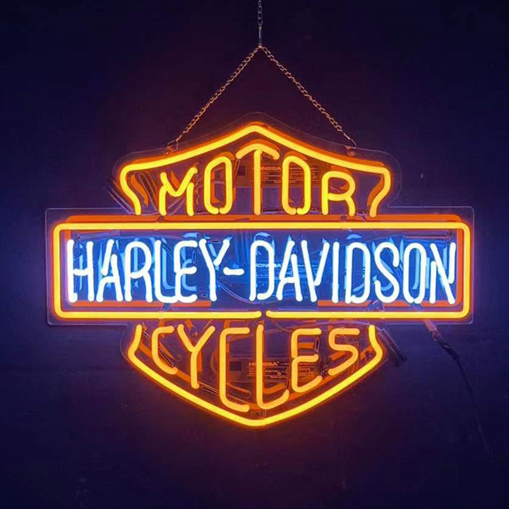 Neon sign light hanging by chain, orange shield with HARLEY-DAVIDSON and CYCLES