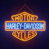 Neon sign light hanging by chain, orange shield with HARLEY-DAVIDSON and CYCLES