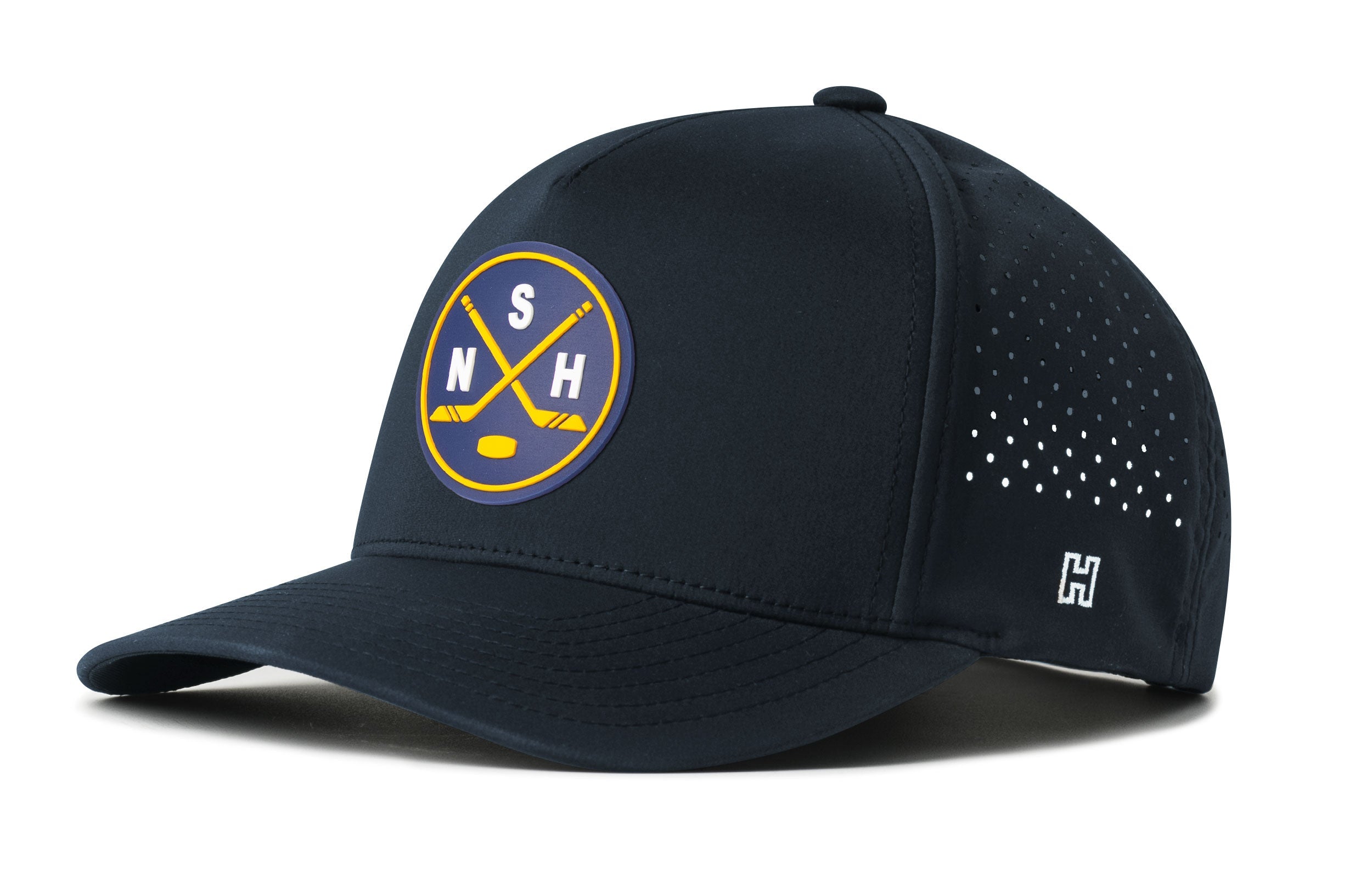 Navy 5-panel performance snapback hat with front logo and perforated side panels