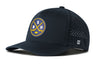 Navy 5-panel performance snapback hat with front logo and perforated side panels
