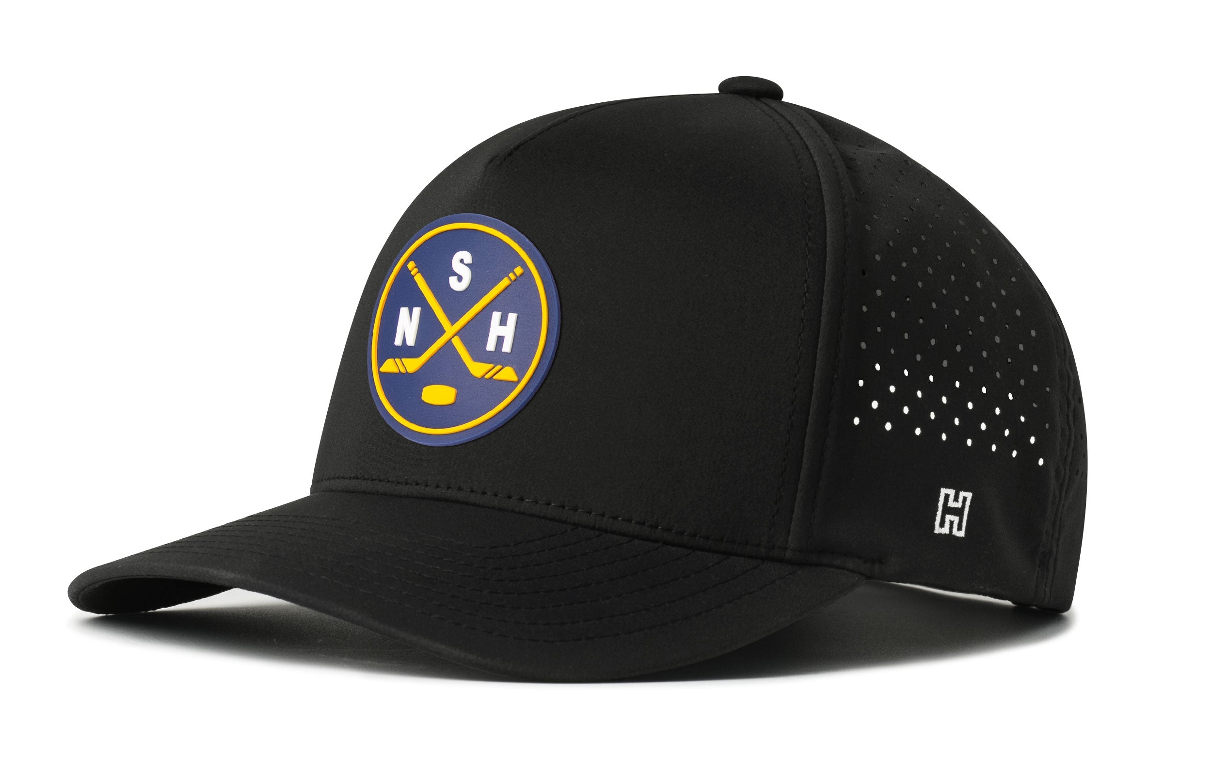 Black 5-panel performance snapback hat with front logo and perforated side panels