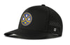 Black 5-panel performance snapback hat with front logo and perforated side panels