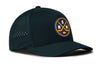 Dark teal 5-panel performance snapback hat with side logo patch and perforated panels