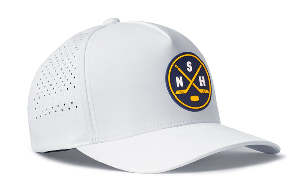 White 5-panel performance snapback hat with side logo patch and perforated panels