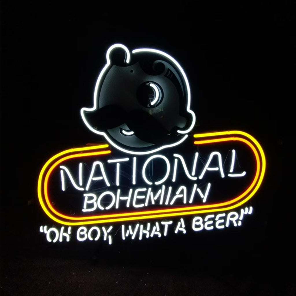 Neon sign with mascot face, “National Bohemian,” and “Oh boy, what a beer!”