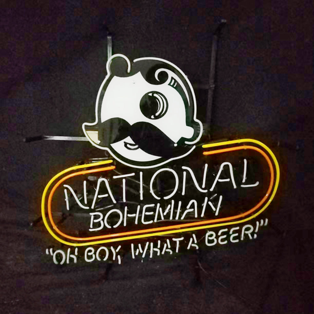 Neon light sign with white mascot outline and stacked “National Bohemian” text