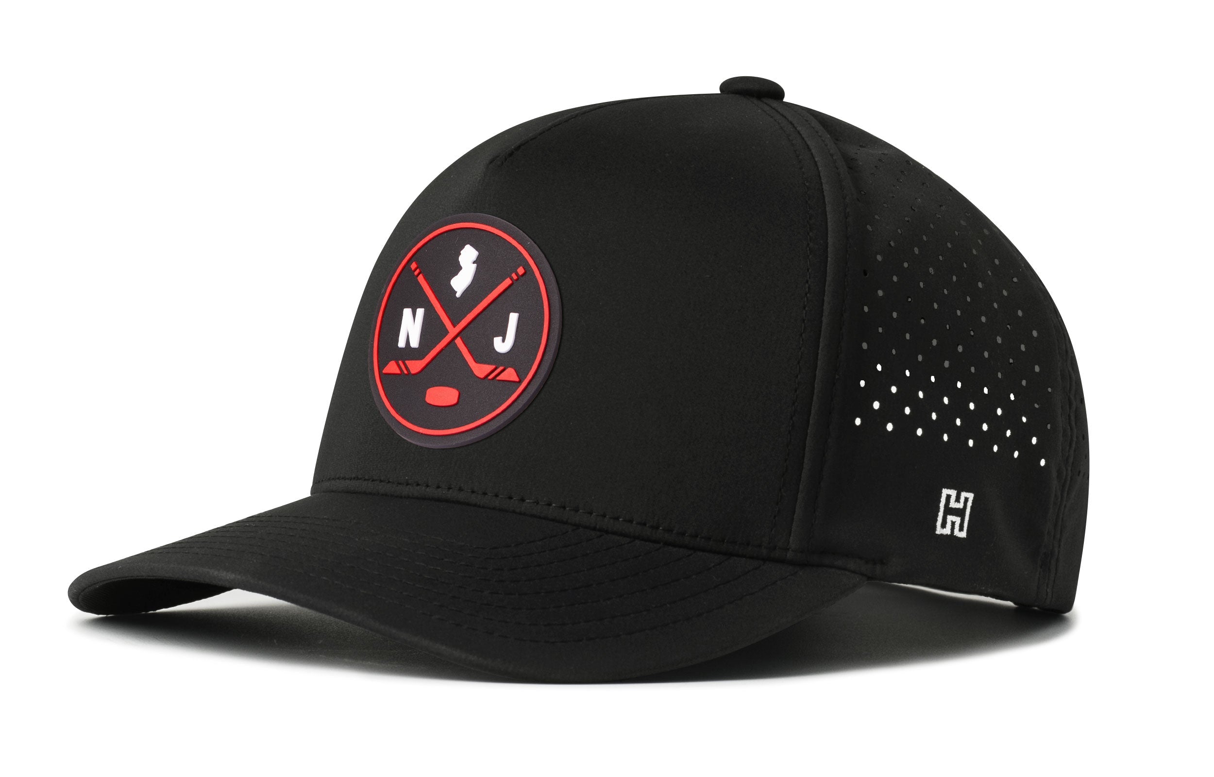 Black 5-panel hockey performance snapback hat with front logo patch and perforated side