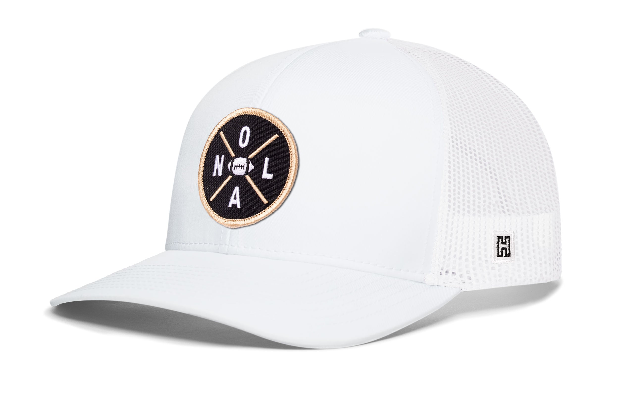 White trucker snapback hat with front NOLA logo patch and mesh back panels.