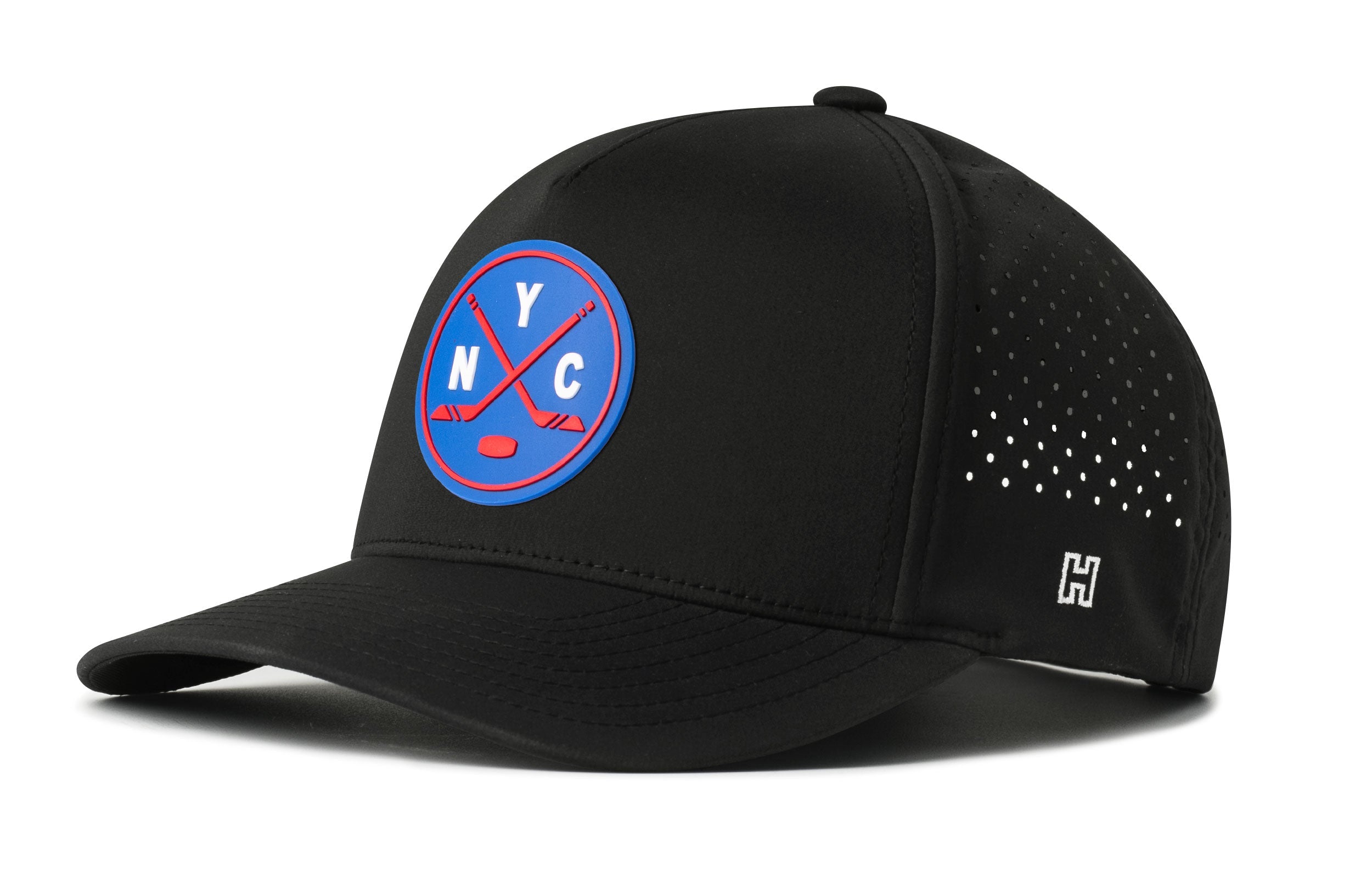 Black 5-panel snapback hat with YC badge and perforated side panels