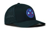 Dark 5-panel snapback hat with YC badge and perforated side panel