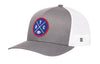 Light gray trucker snapback hat with round logo patch and white mesh side panels