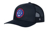 Navy trucker snapback hat with round logo patch and mesh side panels