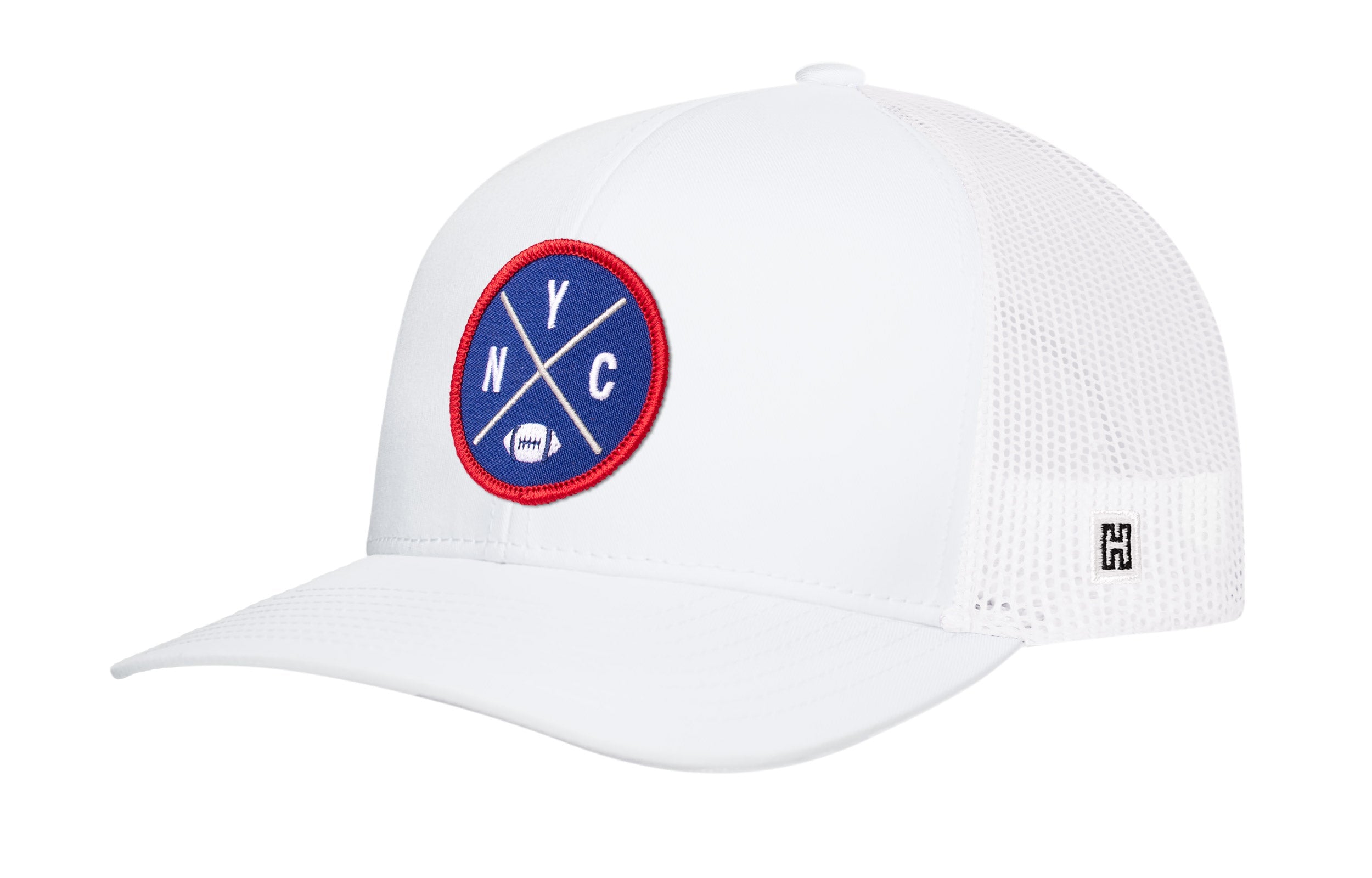 White trucker snapback hat with round logo patch and mesh side panels