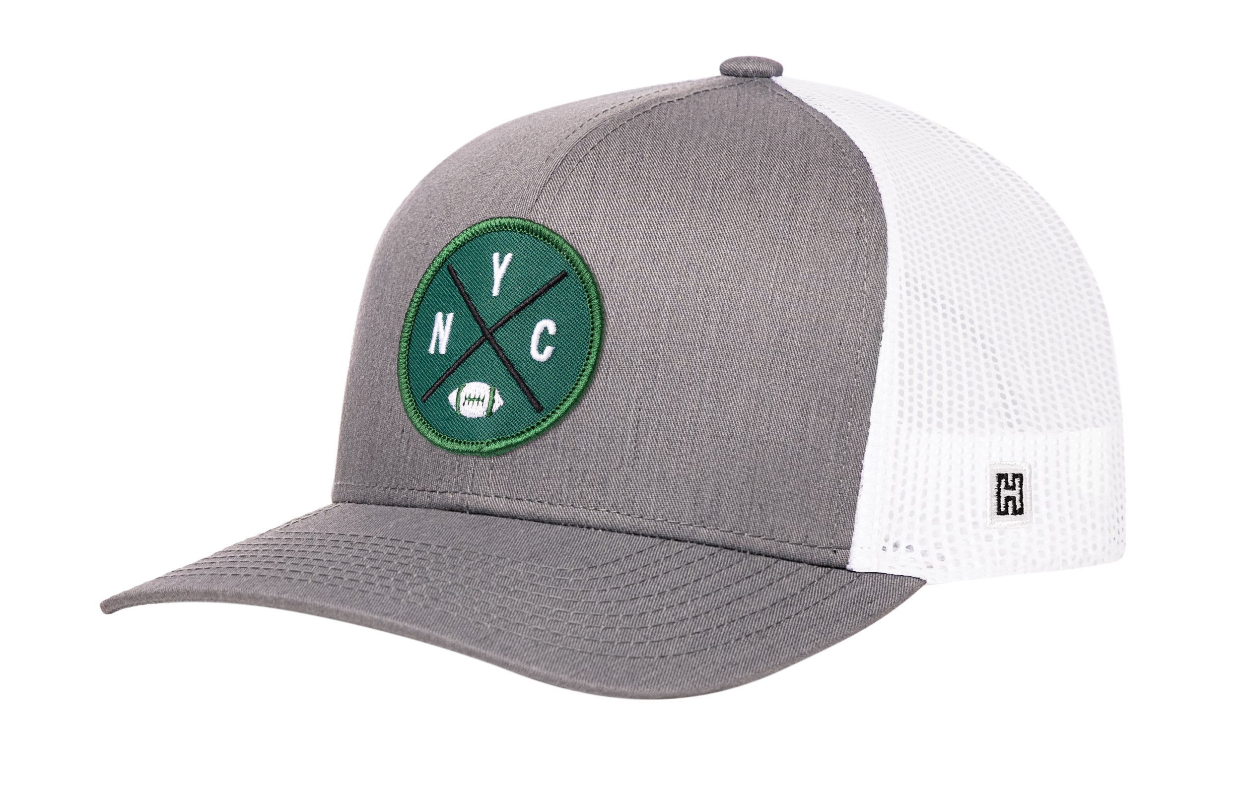 Gray-and-white trucker snapback hat with green NYC patch and mesh side panels, H logo