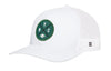 White trucker snapback hat with green NYC patch and mesh side panels, H logo