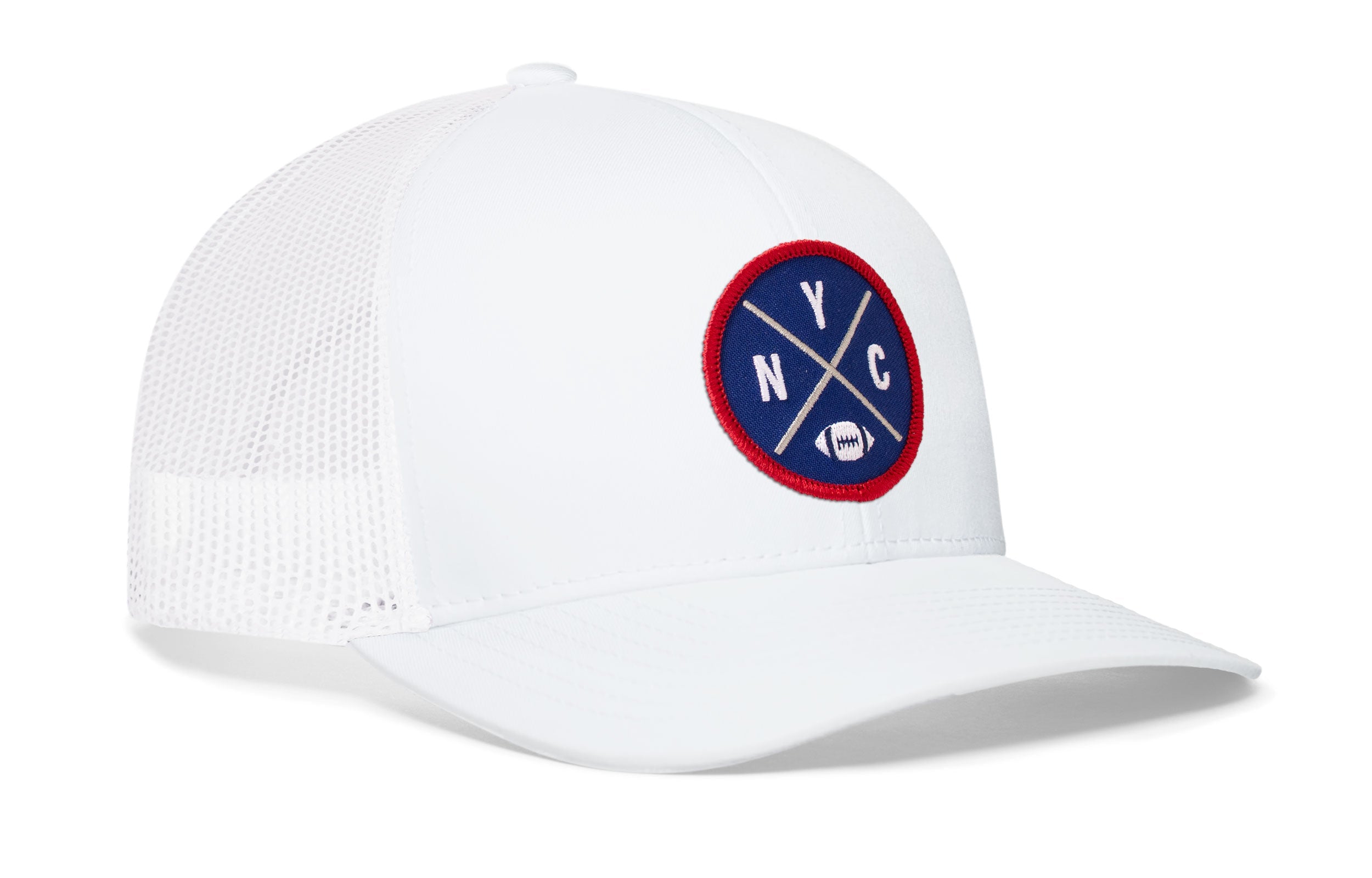 White trucker snapback hat, side view with round logo patch and mesh panels