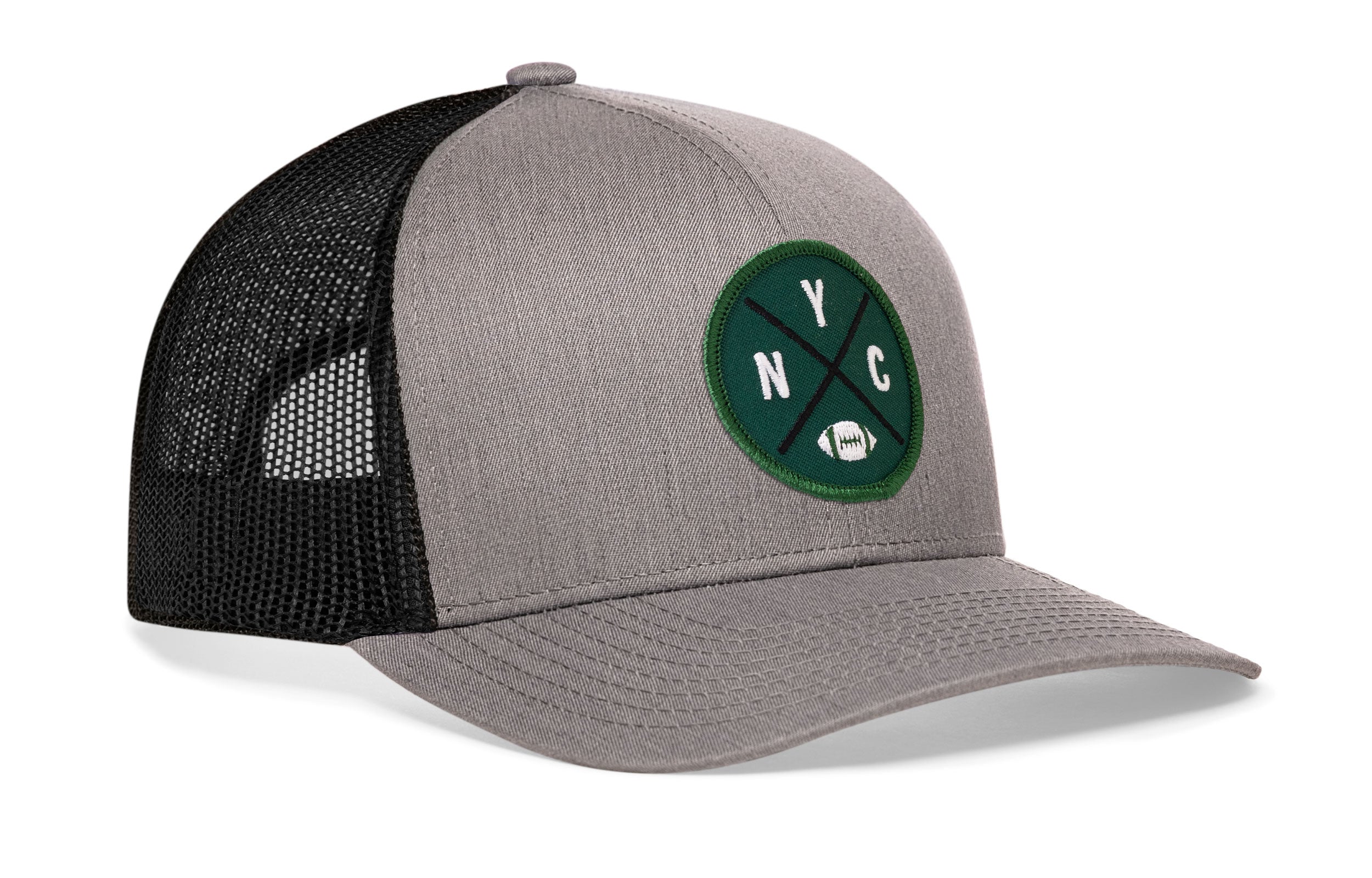 Gray-and-black trucker snapback hat with green NYC patch and front logo, mesh back panels