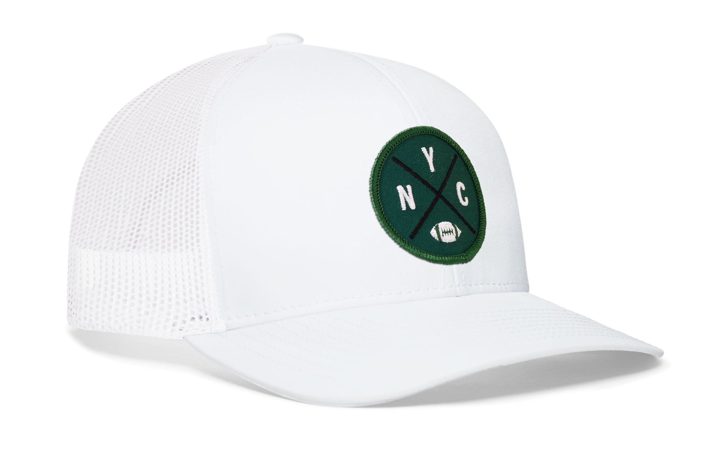 White trucker snapback hat with green NYC patch and front logo, mesh back panels