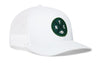 White trucker snapback hat with green NYC patch and front logo, mesh back panels