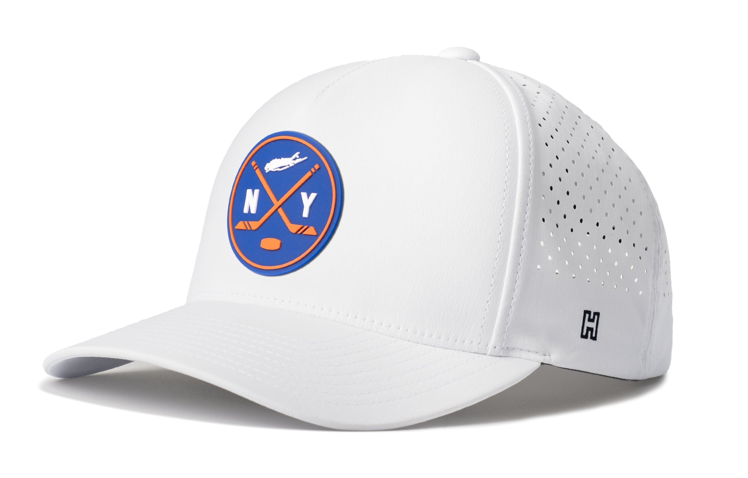 White 5-panel performance snapback hat with NY logo patch and perforated side