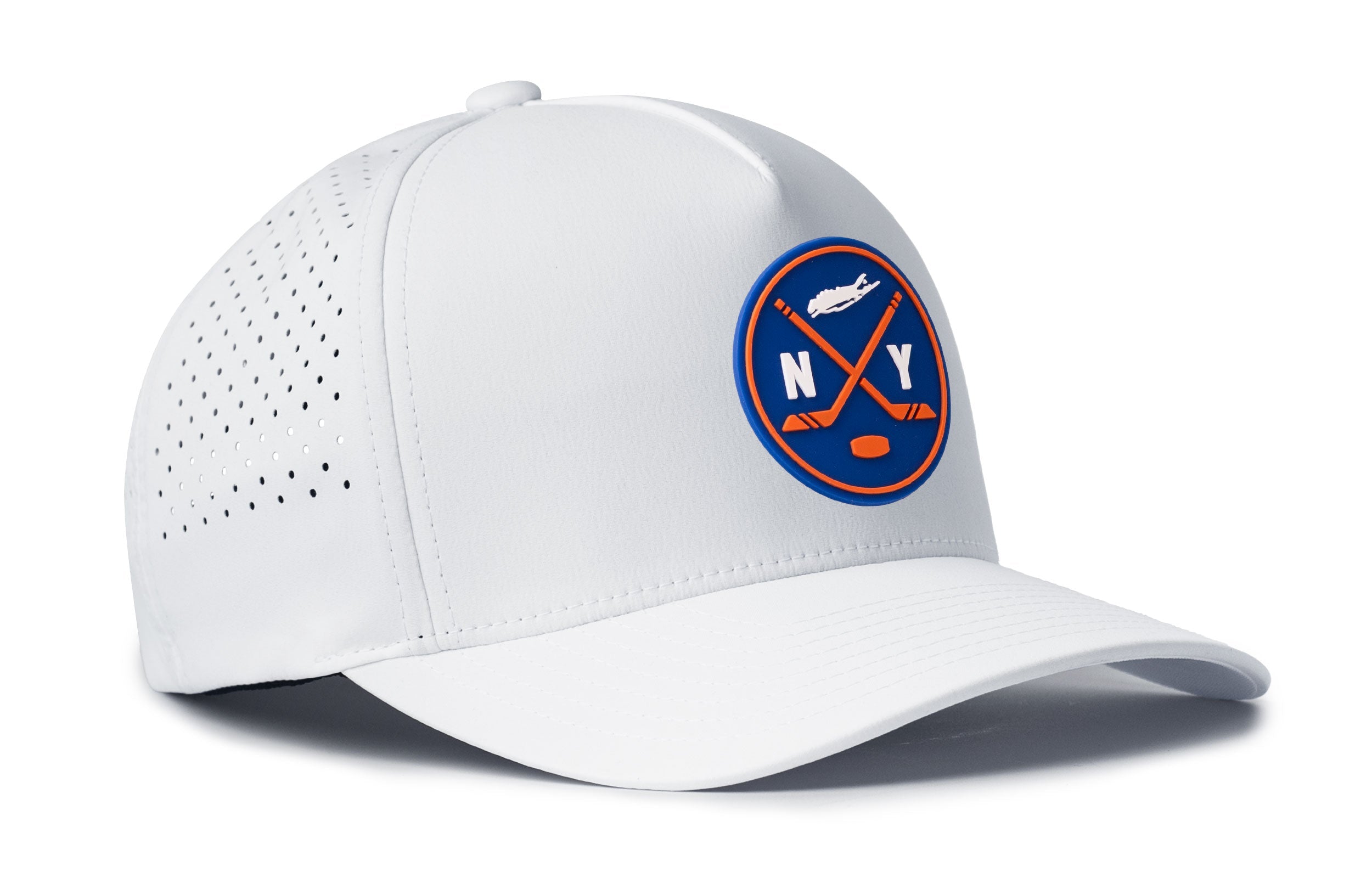 White 5-panel performance snapback hat with NY logo patch and perforated panel