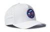 White 5-panel performance snapback hat with NY logo patch and perforated panel