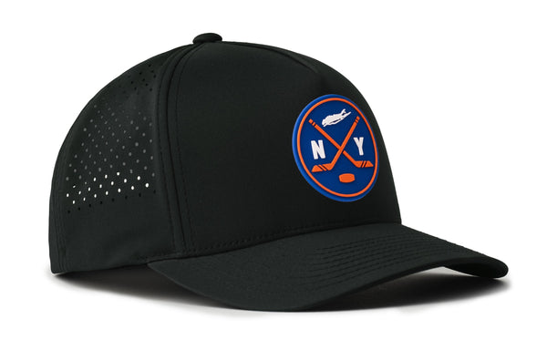 Black 5-panel performance snapback hat with NY logo patch and perforated panel