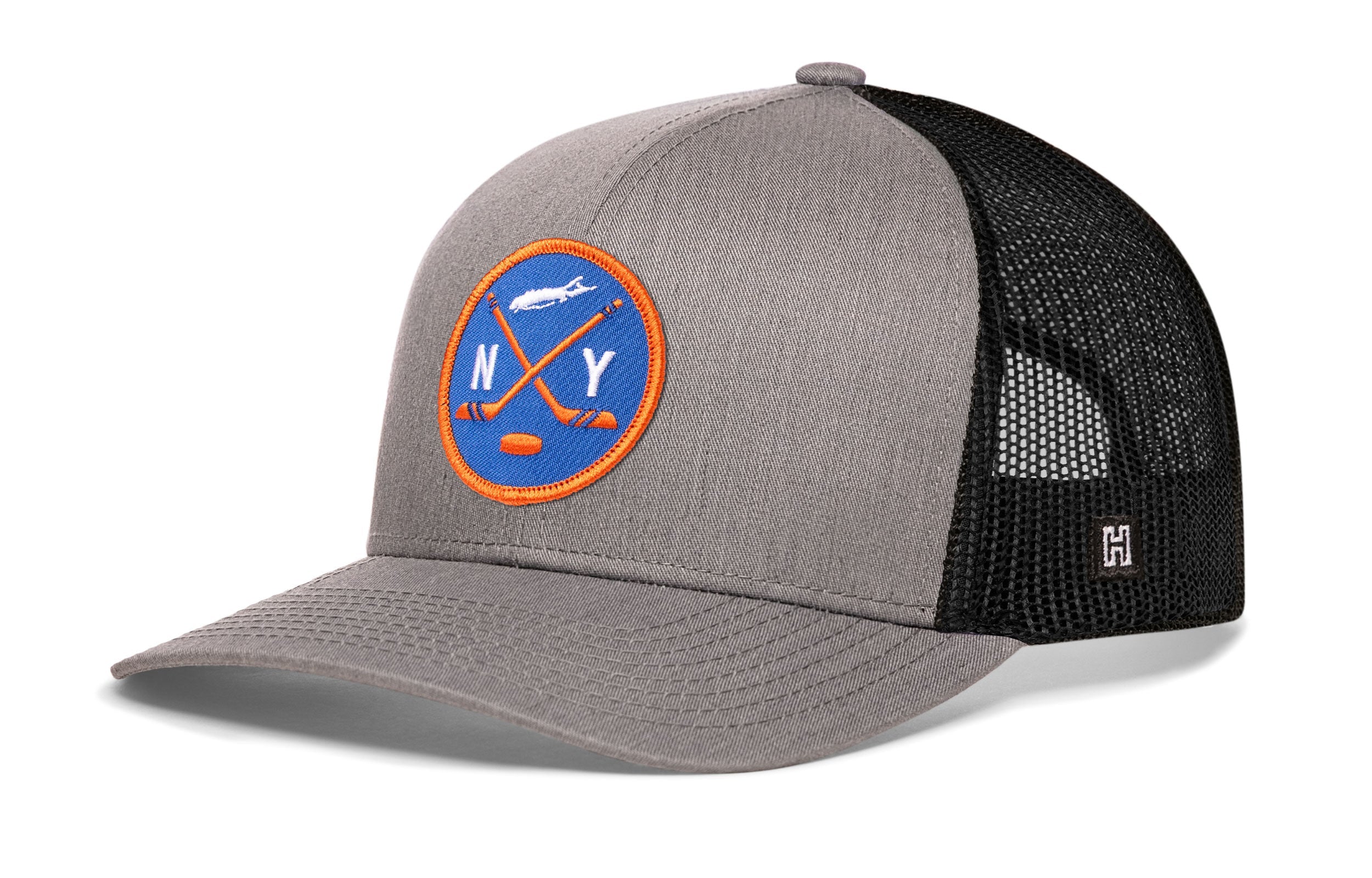 Gray-and-black trucker snapback cap with NY hockey front patch and black mesh sides