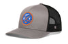 Gray-and-black trucker snapback cap with NY hockey front patch and black mesh sides