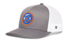 Gray-and-white trucker snapback cap with NY hockey front patch and white mesh sides