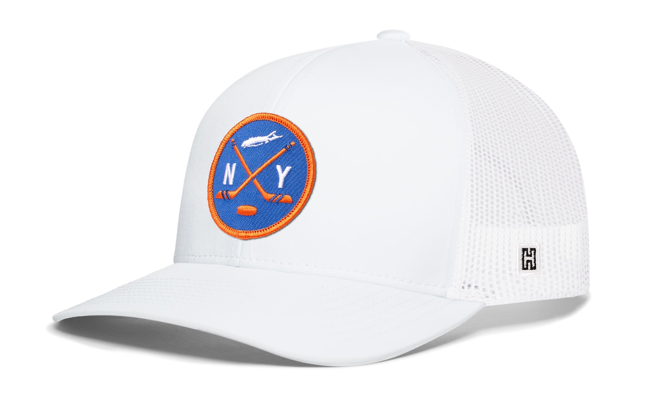 White trucker snapback cap with NY hockey front patch and white mesh side panels