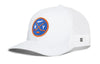 White trucker snapback cap with NY hockey front patch and white mesh side panels