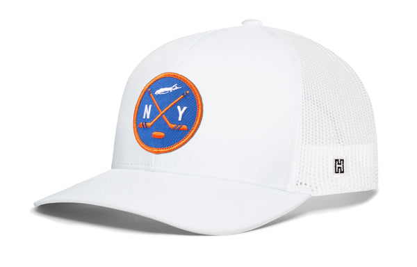 White trucker snapback cap with NY hockey front patch and white mesh side panels