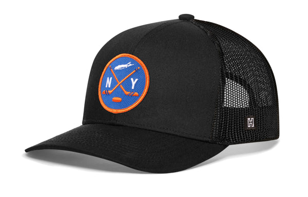 Black trucker snapback cap with NY hockey front patch and black mesh side panels